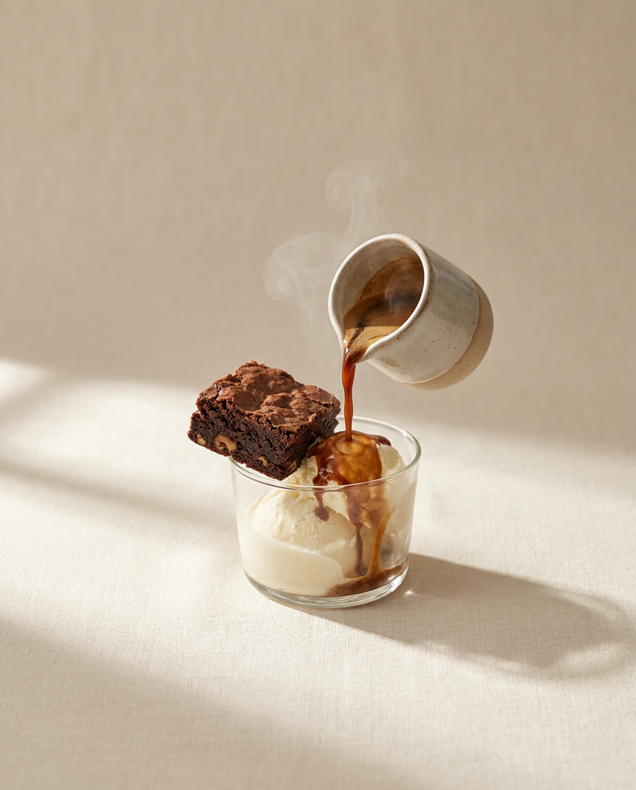 A brownie cookie affogato with espresso poured over vanilla ice cream