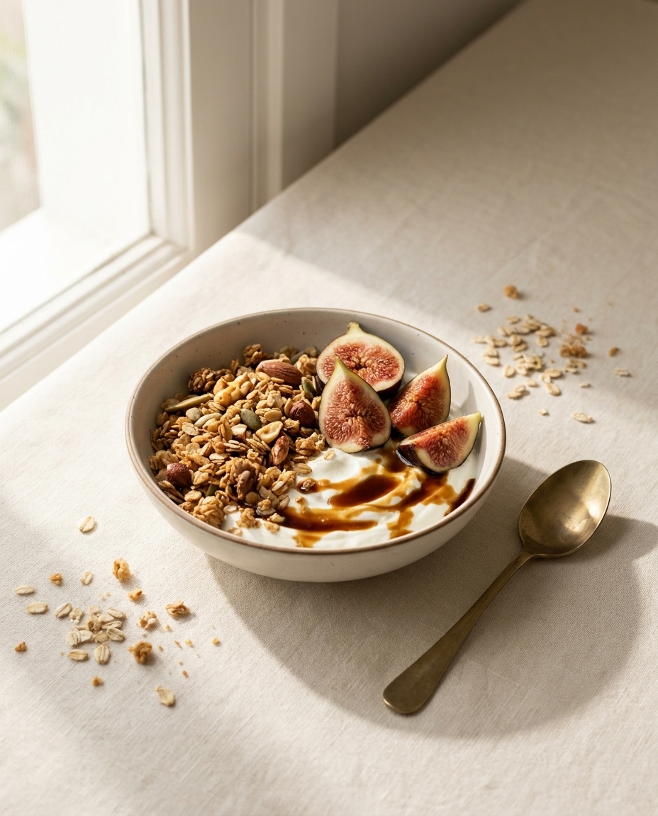 A bowl of yogurt and granola with a drizzle of nolen gur