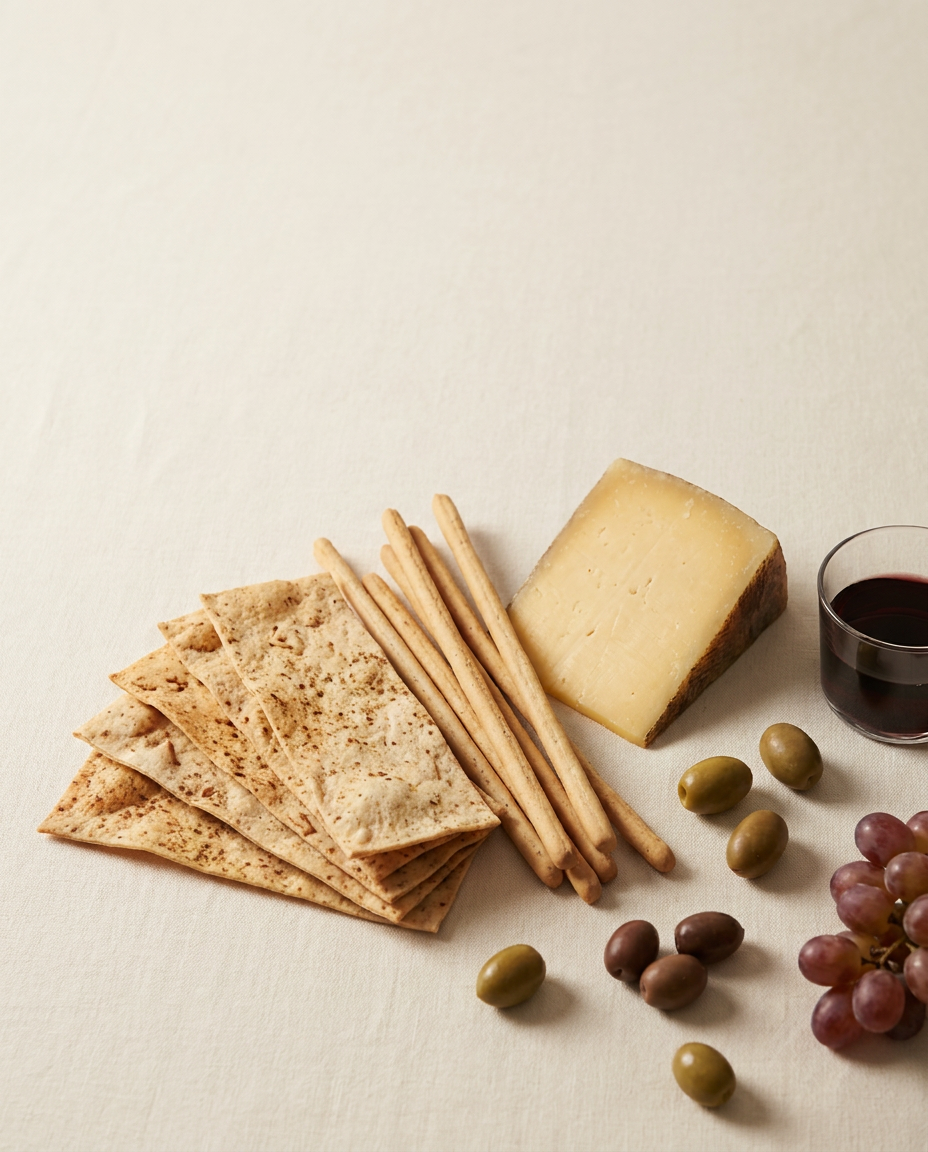 A slow-evening board with lavash, grissini, cheese, olives and grapes