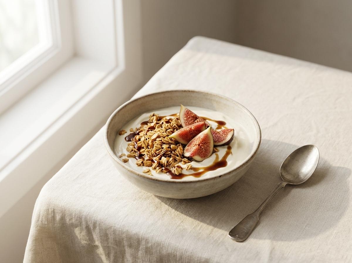 Breakfast bowl of yoghurt, granola, figs and nolen gur