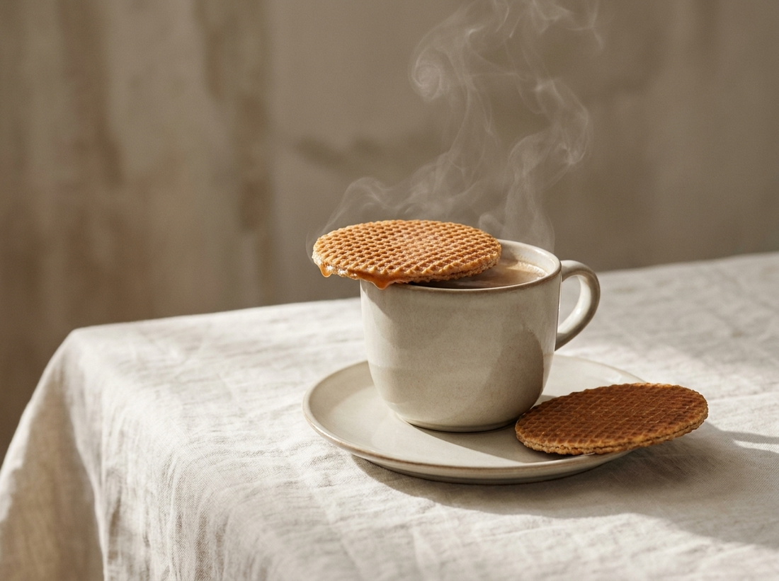 A stroopwafel warming on top of a steaming cup
