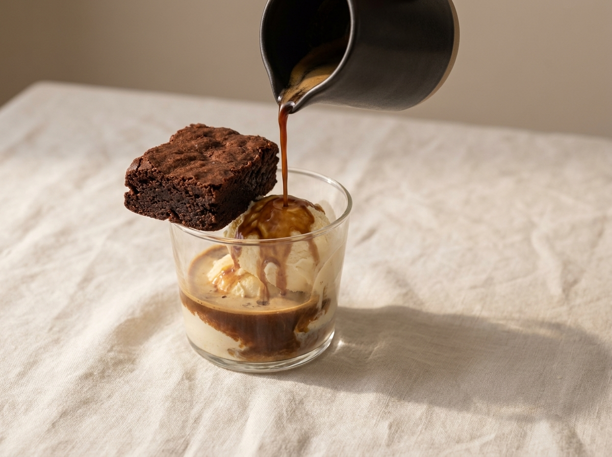 A brownie affogato with espresso poured over ice cream