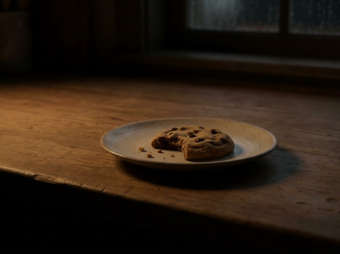 A cookie on a plate in a dim kitchen at midnight