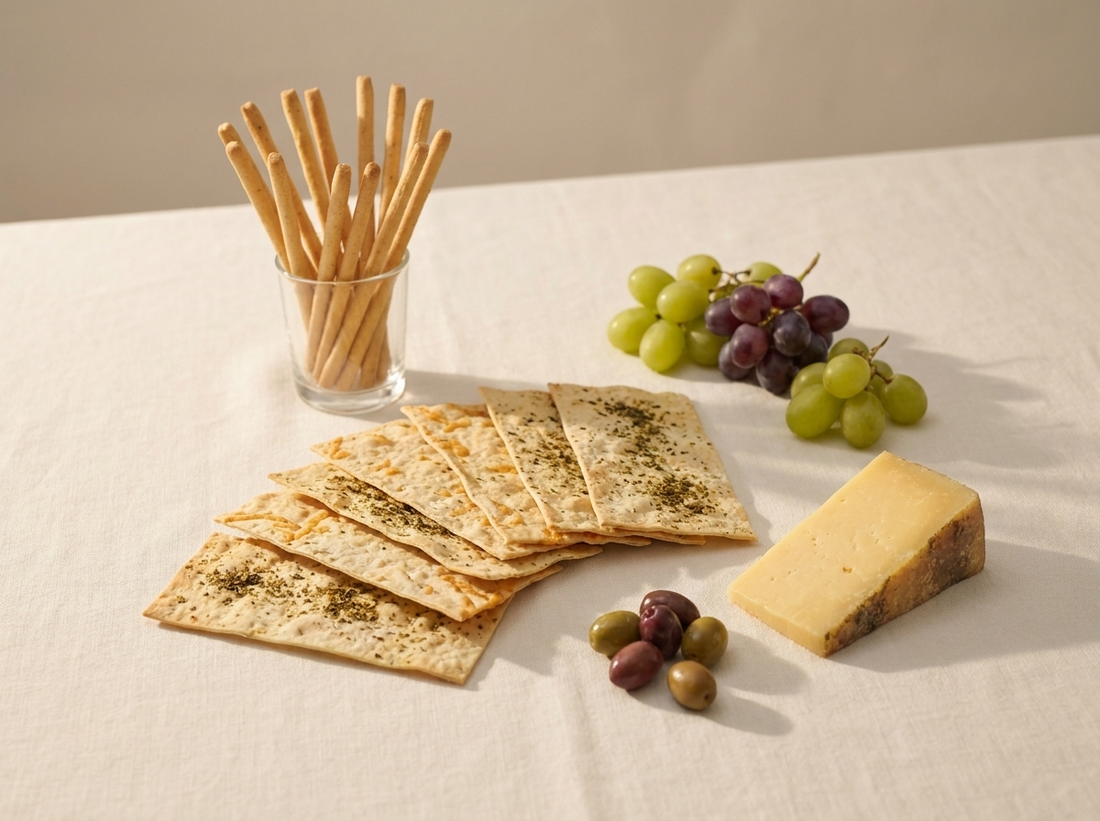 A slow-evening savoury board with lavash, grissini, cheese and olives