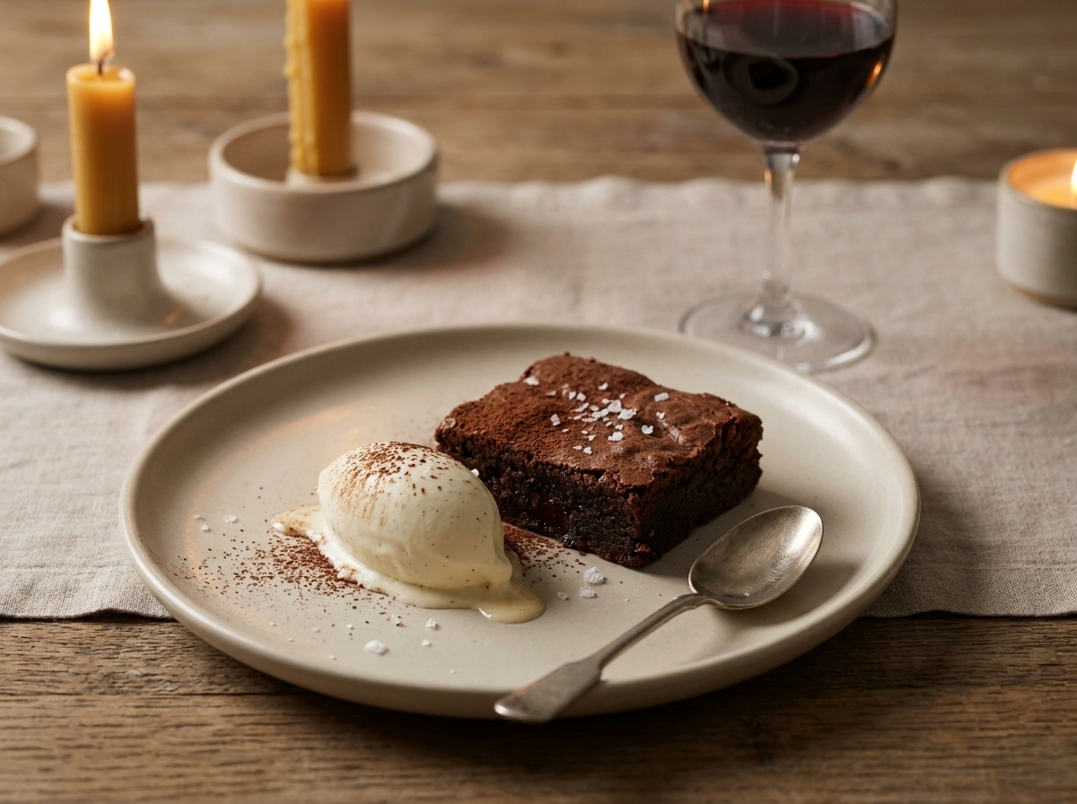 A plated warm brownie with vanilla ice cream, an after-dinner dessert