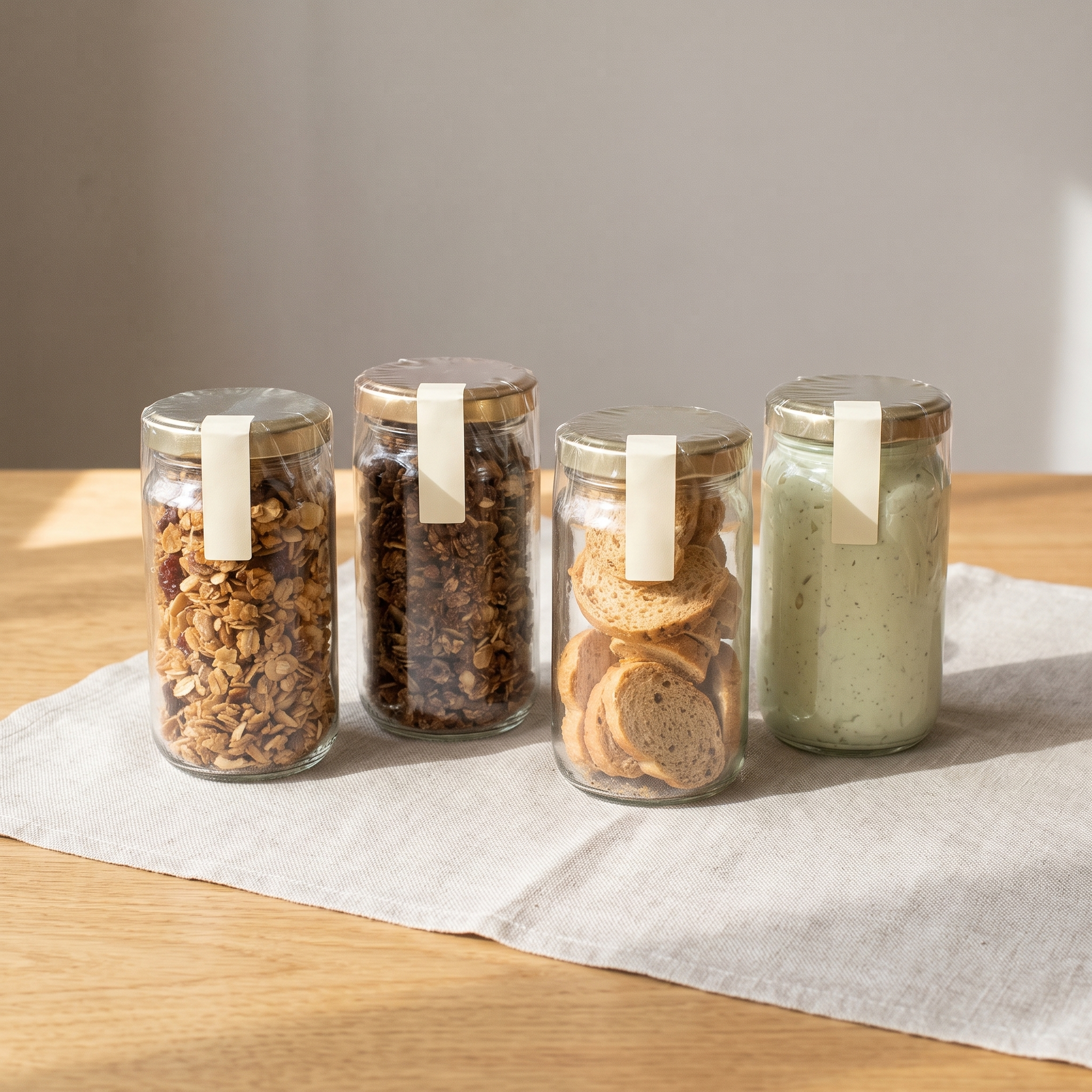 Almost Calm granola jars in morning window light