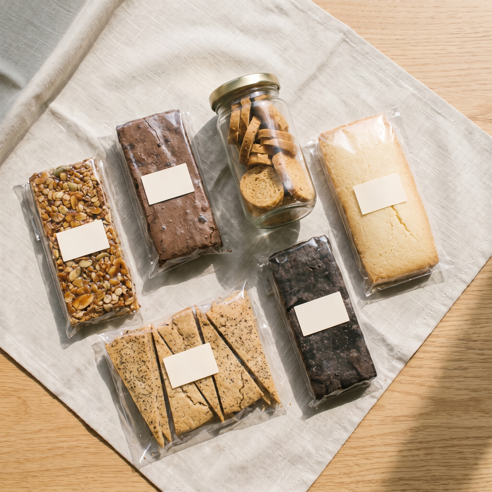 Almost Calm shortbread and bakes flat lay on oat linen