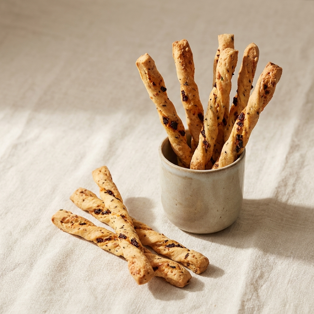 Sundried tomato and cheddar grissini breadsticks on bone linen