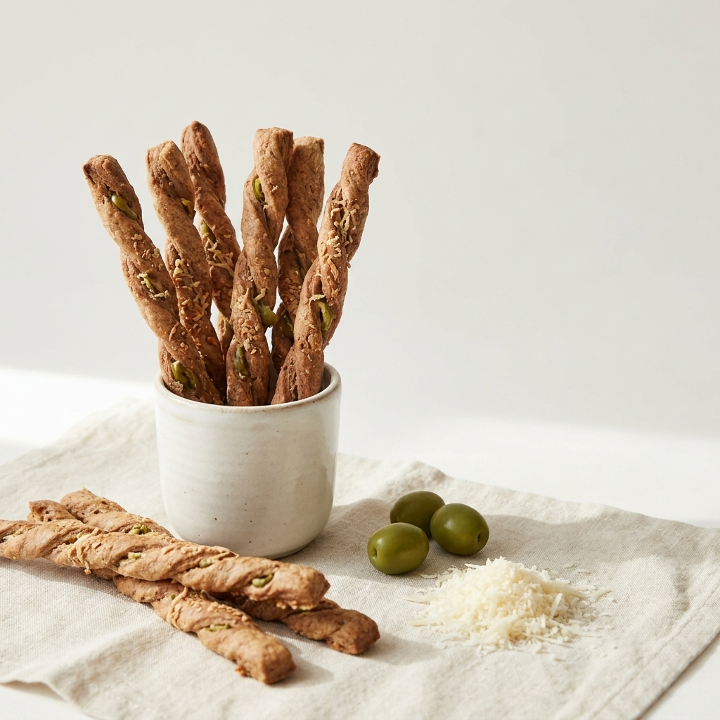 Olive and parmesan grissini breadsticks on bone linen