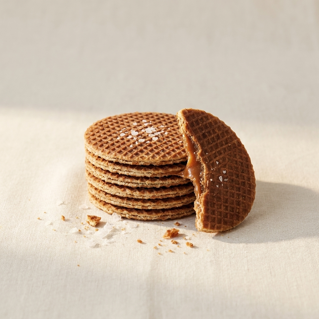 Stack of salted caramel stroopwafels on bone linen