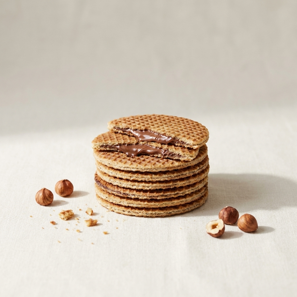 Stack of Nutella chocolate-hazelnut stroopwafels on bone linen