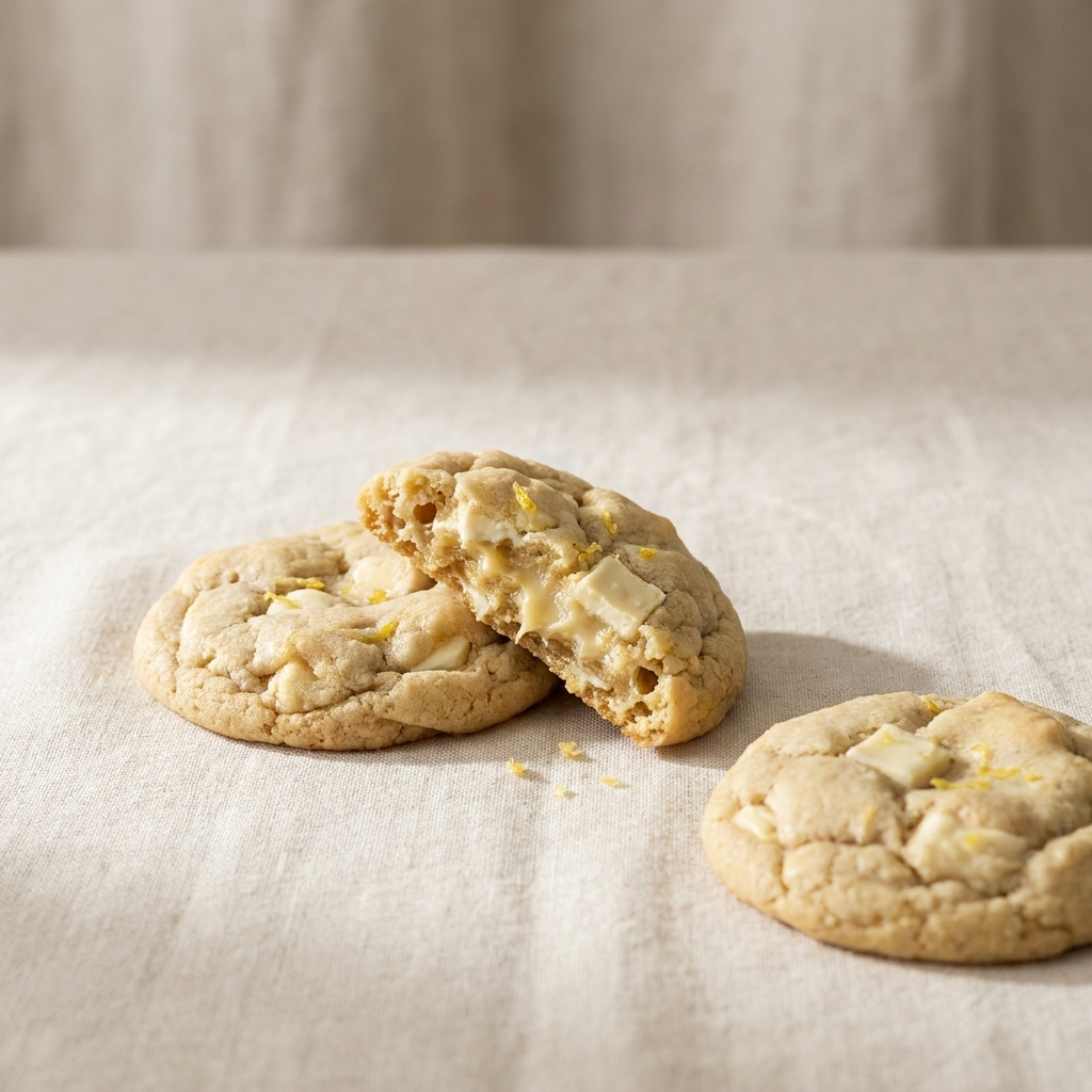 Lemon white chocolate cookies on bone linen