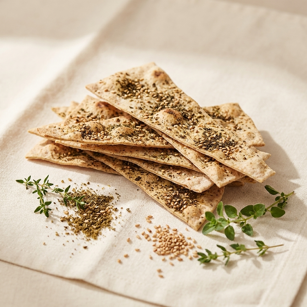 Wholewheat za'atar lavash crisps on bone linen