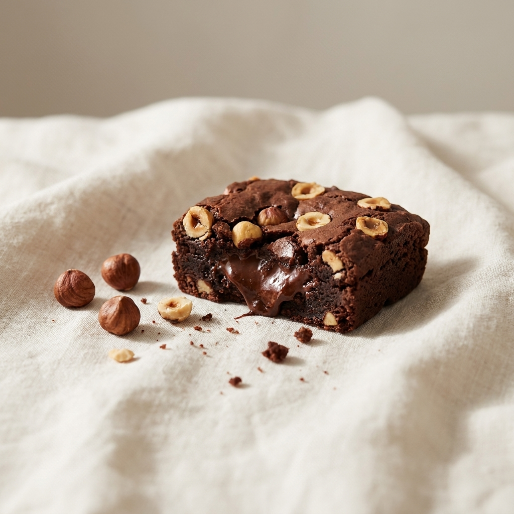 Fudgy hazelnut brownie broken to show molten centre