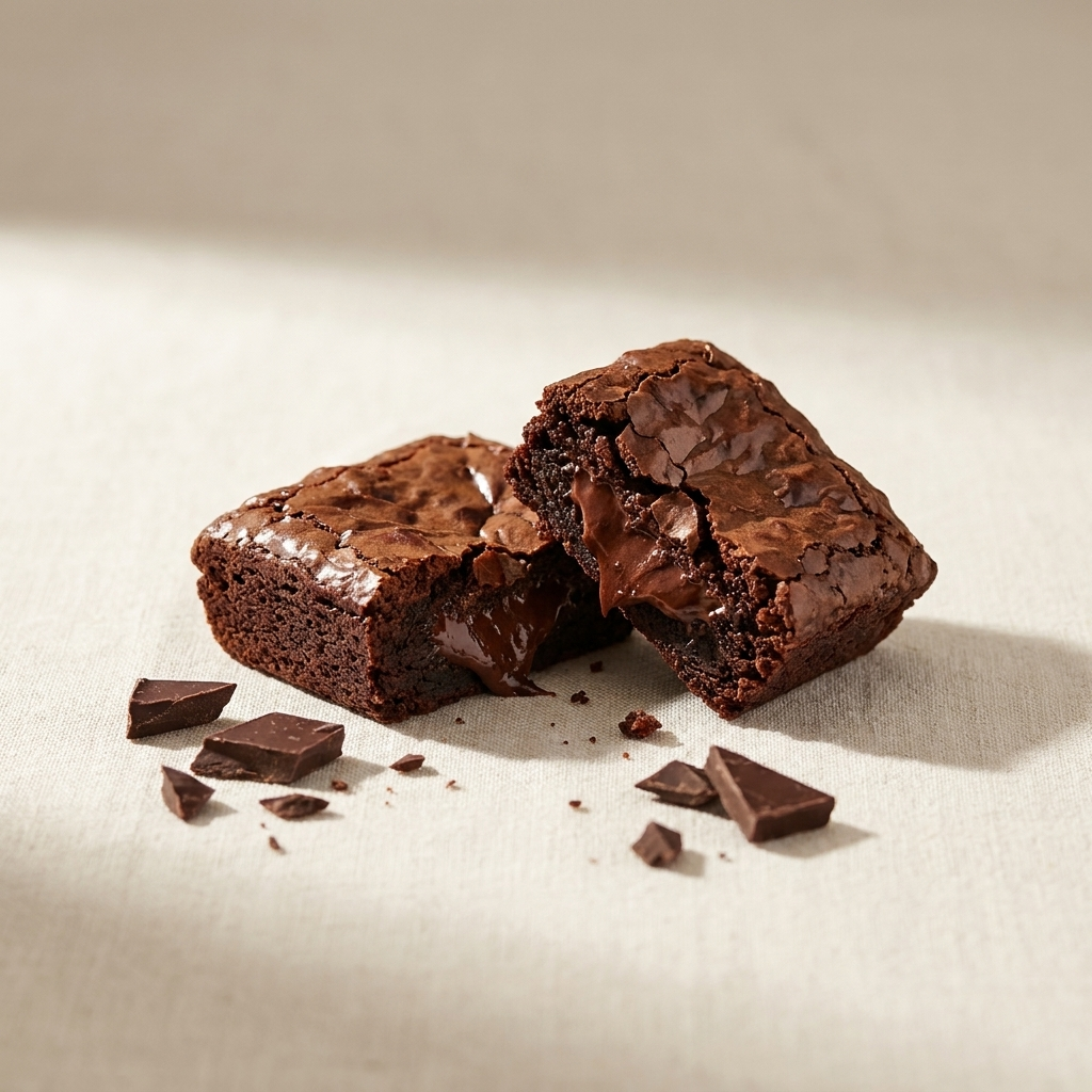Fudgy chocolate brownie broken to show molten centre