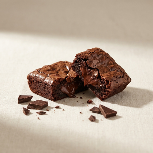 Fudgy chocolate brownie broken to show molten centre