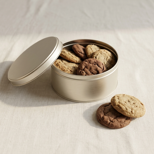 Open keepsake tin of cookies with cookies stacked beside